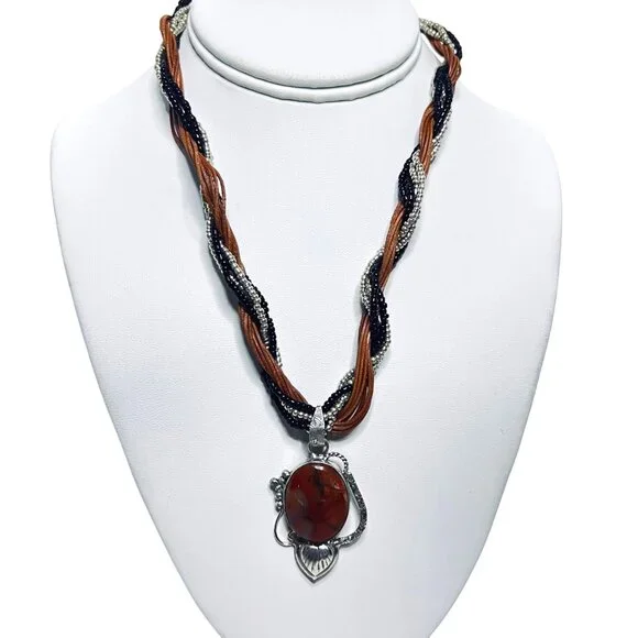 12 Strand Black And Gold Seed Bead Necklace With Floral Jasper Pendant (5892) - Picture 1 of 6